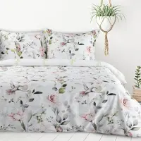 Eurofirany blanc linge de lit 220x200 cm fleurs double face + 2 x taies d'oreiller 70x80