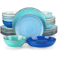 Happyment Royal Castella Service de table - 24 pièces - 8 personnes - Bleu - Assiettes plates - Assiettes creuses - Assiettes petit déjeuner - Service cuisine - Design élégant