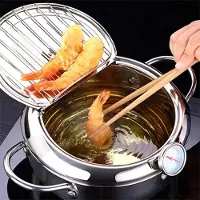 Happyment Friteuse japonaise - Avec thermomètre - Adapté à l'induction - 24cm - 3,2 L - Acier inoxydable