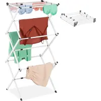 Relaxdays Séchoir à linge , pliable, extensible, 11 barres, 6 niveaux, séchoir à linge en tour peu encombrant, métal, blanc