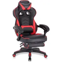 Happyment Fauteuil gaming Premium – Noir/Rouge – Ergonomique – Réglable en hauteur – Avec repose-pieds – Simili cuir