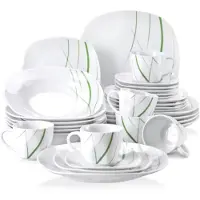 Happyment Nobleza Ensemble de saladiers - 30 pièces - Blanc/rayures vertes - Services de table - Assiettes plates - Assiettes creuses - Assiettes à déjeuner - Servies - Ustensiles de cuisine