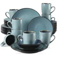 Happyment Morencia Service de table - 32 pièces - 8 personnes - Assiettes plates, assiettes creuses & assiettes à déjeuner - Vert - Céramique