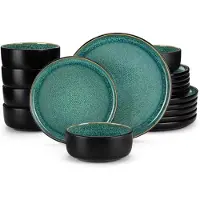 Happyment Imperial Service - Service de table - Vert - 4 personnes - 16 pièces - Céramique - Petites assiettes - Vaisselle unique