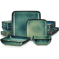 Happyment Verde Vittoria Service de table - 16 pièces - 4 personnes - Vert - Assiettes plates - Assiettes creuses - Assiettes petit déjeuner - Service cuisine - Design moderne