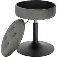 Happyment Mini Tabouret de Bar - Gris - 1 pièce - Tabouret rond avec espace de rangement - Tabouret de cuisine - Réglable en hauteur 49-65 cm - Velours - Metal