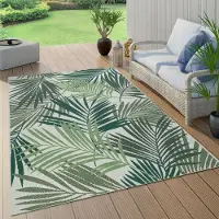 Paco Home Tapis d'extérieur résistant aux intempéries Balcon Palmiers Jungle Motif floral bohème Vert Taille 120 cm Rond