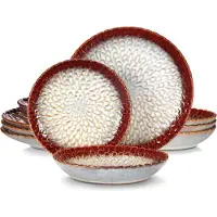 Happyment Luxe Ensemble de vaisselle - 4 personnes - Porcelaine - 12 pièces - Service de table - Rouge