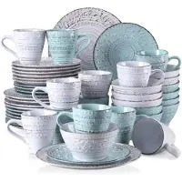 Happyment Service de table Regal – 48 pièces – 12 personnes – Blanc/bleu – Céramique – Assiettes plates et assiettes creuses
