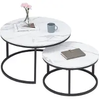 Happyment Luxe Table basse blanche - aspect marbre - lot de 2 - style rustique - salon - piètement noir - ronde - 60 et 40cm