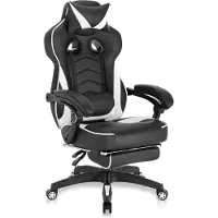 Happyment Premium Gaming Chair - Avec repose-pieds - Réglable en hauteur - Chaise de bureau ergonomique - Similicuir - Noir/Blanc