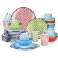 Happyment Florentia Service de table - 32 pièces - 8 personnes - Multicolore - Services de table - Assiettes plates - Assiettes creuses - Assiettes petit déjeuner - Servies - Ustensiles de cuisine