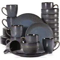 Famanu Service de table Lucenzo – 32 pièces – 6 personnes – Gris foncé – Assiettes plates, assiettes à dessert et assiettes creuses
