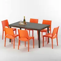 GRAND SOLEIL Table rectangulaire en poly rotin avec 6 chaises colorées 150x90 Marron Focus