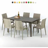 GRAND SOLEIL Table rectangulaire en poly rotin avec 6 chaises colorées 150x90 Marron Focus