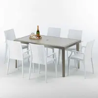 GRAND SOLEIL Table rectangulaire en poly rotin avec 6 chaises colorées 150x90 Beige Marion