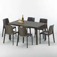 GRAND SOLEIL Table rectangulaire en poly rotin avec 6 chaises colorées 150x90 Marron Focus