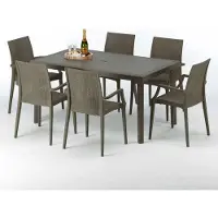 GRAND SOLEIL Table rectangulaire en poly rotin avec 6 chaises colorées 150x90 Marron Focus