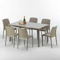 GRAND SOLEIL Table rectangulaire en poly rotin avec 6 chaises colorées 150x90 Beige Marion