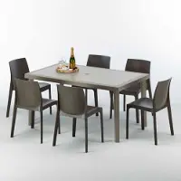 GRAND SOLEIL Table rectangulaire en poly rotin avec 6 chaises colorées 150x90 Beige Marion