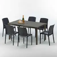 GRAND SOLEIL Table rectangulaire en poly rotin avec 6 chaises colorées 150x90 Marron Focus