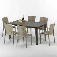 GRAND SOLEIL Table rectangulaire en poly rotin avec 6 chaises colorées 150x90 Marron Focus