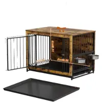 Happyment Lits pour chiens en bois Valora – Cage et canapé pour chien – Gamelles amovibles et tiroir – Lits à double porte pour chiens de taille moyenne – Gris – 112 x 75 x 84 cm