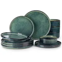 Happyment Foresta Azzuro Service de table - 12 pièces - 4 personnes - Vert - Céramique - Service de table avec assiettes à dîner, assiettes creuses et assiettes à déjeuner