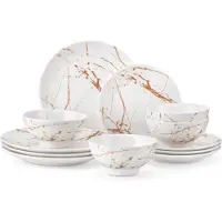 Happyment Classina Service de table Vittoria - 12 pièces - 4 personnes - Blanc/Doré - Assiettes - Service de table - Assiettes creuses - Assiettes petit déjeuner - Servies - Servies de cuisine
