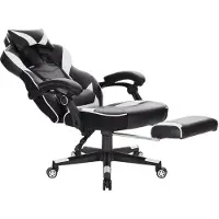 Happyment Fauteuil gaming Preformace – Réglable en hauteur – Avec repose-pieds – Fauteuil de bureau ergonomique – Simili cuir – Blanc – 2 en 1 gaming & bureau