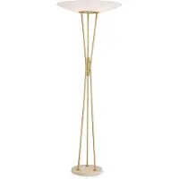 Casa Padrino Luxus Lampadaire Laiton antique / Beige / Blanc Ø 70 x H. 185 cm - Lampe moderne en acier avec pied en travertin et abat-jour rond en verre - Collection Luxe