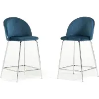 Idea New Garden Srl Set de 2 tabourets intérieurs en velours rembourré avec pieds en métal - design moderne et élégant, idéal pour les îlots de cuisine et les salles à manger - SARA XL - bleu/argent