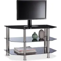 Relaxdays Meuble TV en verre noir, 3 étagères en verre trempé, pieds caoutchoutés, acier inoxydable, 49 x 80 x 45 cm, noir/argent