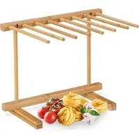 Relaxdays Séchoir à pâtes , 8 barres, pour sécher les pâtes longues sans encombrer, pliable, support à pâtes en bambou, 28 cm de haut, couleur naturelle