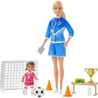 Mattel Poupée entraîneur de football (blonde) et accessoires