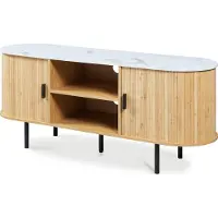 En.casa Meuble TV « Tvedestrand » avec 2 portes 140 x 40 x 55 cm Bambou blanc marbré / Naturel