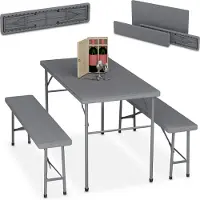 Relaxdays Ensemble de salon de jardin pliable , ensemble de 3 pièces comprenant un grand banc et une grande table, pour le jardin ou les fêtes, aspect rotin, gris