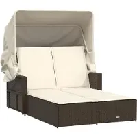 Syfax Chaise longue double avec auvent et coussins marron poly rotin