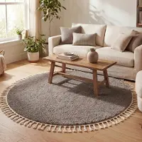 NATURL. Tapis rond à poils longs - Lofty Fringe Taupe | Ø 100 cm | Rond | Pile haute