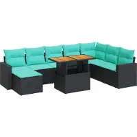Syfax Salon de jardin 9 pcs avec coussins noir résine tressée