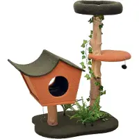 Fudajo Arbre à chat - 114 cm de haut - design végétal avec lierre et fougères - Meuble grattage félin peluche - Couleur vert-orange - avec Cabane asymétrique, sisal, niche et plate-forme, balles