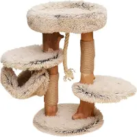 Fudajo Arbre à chat - 87,5 cm de haut - design ludique - Meuble grattage félin - Couleur crème-marron - Bois de poirier - avec Peluche, sisal, niche, plate-forme et hamac