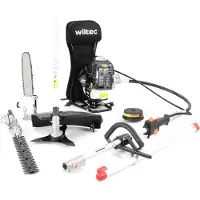 Wiltec Outil multifonction 4 en 1 – 2860 x 370 x 560 mm – Moteur 2 temps à Essence 1,2 l – 1,9 kW – avec Rallonge – Coupe-bordures Débroussailleuse Taille-haies Élagueuse Accessoires – Jardinage