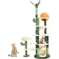 Fudajo Arbre à chat - 172 cm de haut - design ludique « Cactus » - Meuble grattage félin peluche - Couleur verte - avec Hamac, maisonnette, sisal, niche, plate-forme, balles de jeu