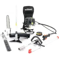 Wiltec Outil multifonction 4 en 1 – 2860 x 370 x 560 mm – Moteur 4 temps à Essence 0,9 l – 0,9 kW – avec Rallonge – Coupe-bordures Débroussailleuse Taille-haies Élagueuse Accessoires – Jardinage