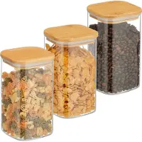 Relaxdays Bocaux de conservation avec couvercle en bambou, lot de 3, bocaux de conservation carrés en verre, 1 200 ml, hermétiques, transparents/naturels