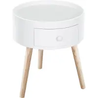 HOMCOM Table basse - table de chevet - table de nuit ronde - design scandinave table d'appoint bout de canapé avec tiroir pieds effilés inclinés bois massif chêne clair blanc