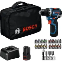 Bosch Perceuse-visseuse sans fil GSR 12V-32 Professional 12 V 32 Nm sans balais (06019N7004) + 2 batteries 2,0 Ah + chargeur + 36 pièces d'accessoires + sacoche