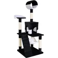 Lionto Arbre à chat, arbre à chat élégant de 133 cm, recouvert de peluche, troncs en sisal robustes & surfaces de repos polyvalentes, noir/blanc