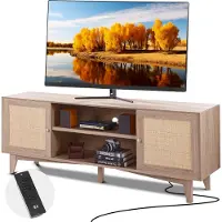 Vevor Meuble TV en Rotin pour Téléviseur 75" Banc TV avec Prise Intégrée Chêne